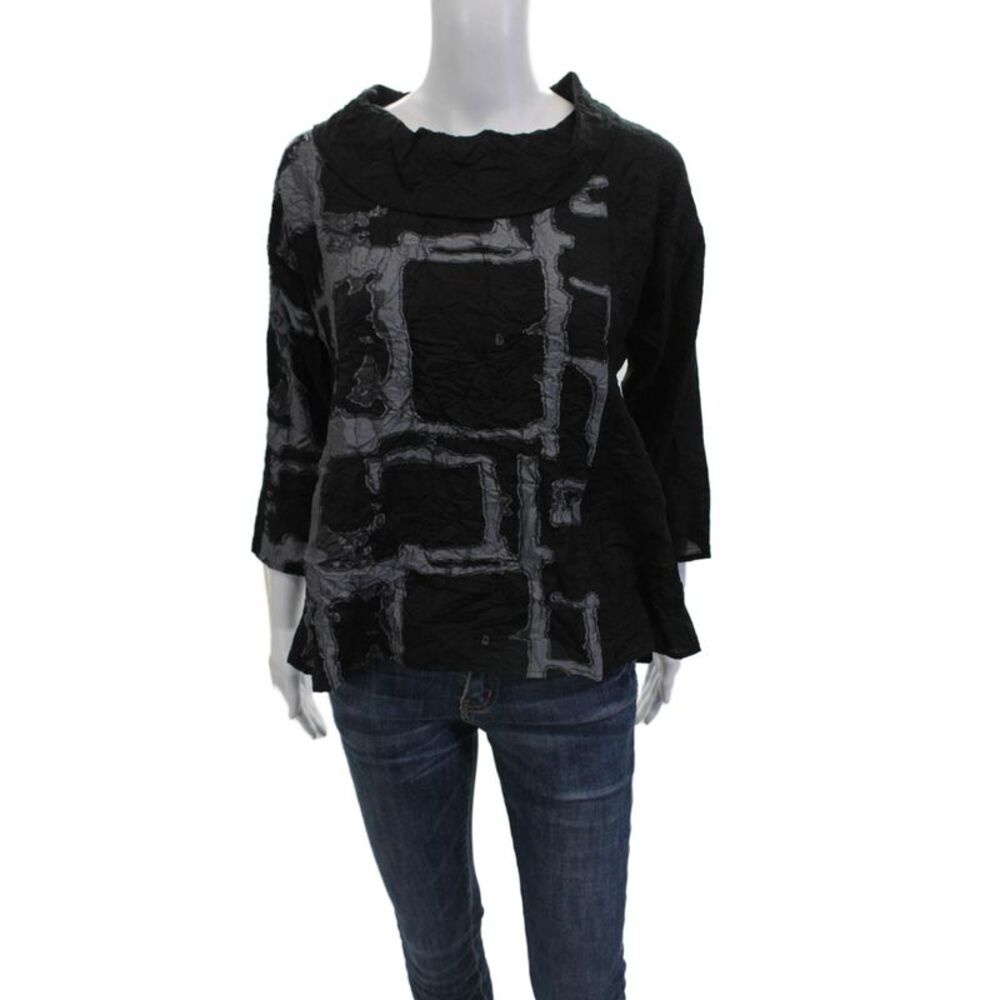Sydney Womens Black Geometric Mock Neck 3/4 Sleeve Blouse Viscose Blend Size L